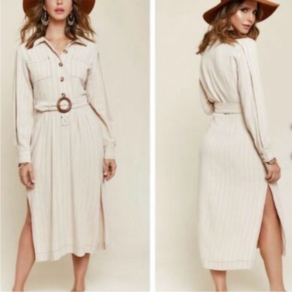 Free People Aubrey Belted Striped Shirtdress in Khaki Combo - Picture 2 of 14